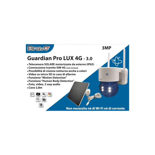 Bravo 92902918 Guardian Pro Lux 4G 3.0 Telecamera Con Pannello Solare