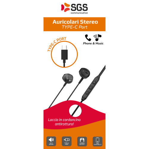 SGS KAINEARTYPBK Auricolari A Cavo Type-C 1,2Mt Black